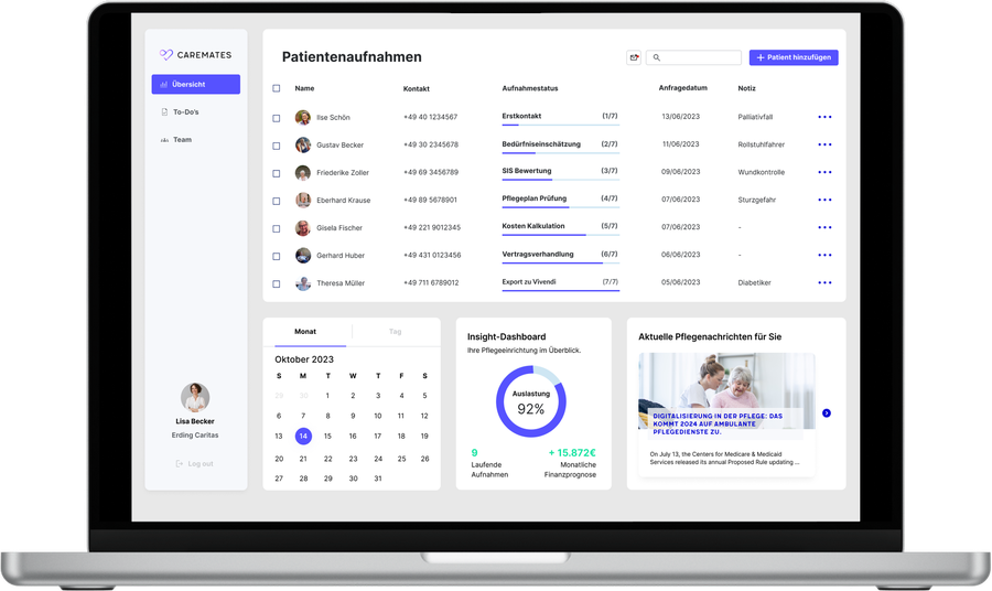 CareMates patient admissions dashboard shown on a MacBook