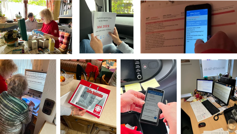Field research photos: caregivers filling paper admission forms, folders, and phone entry at Caritas Erding