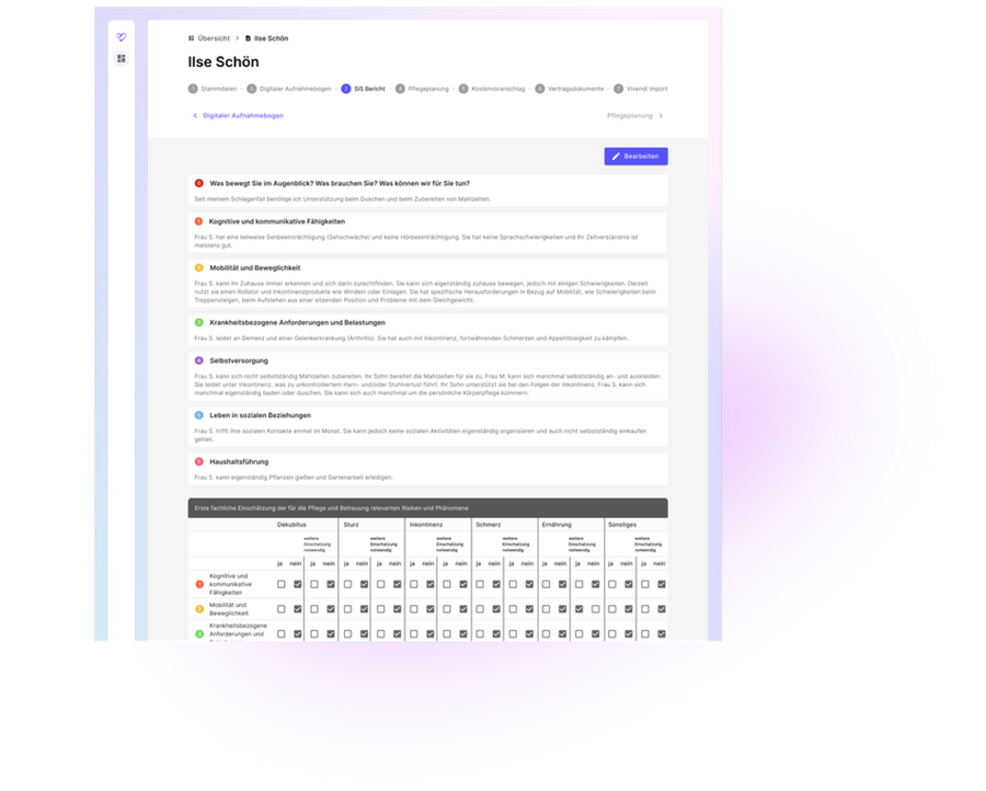 CareMates SIS report page for patient Ilse Schön with topic sections and the smart evaluation scoring table on a gradient backdrop