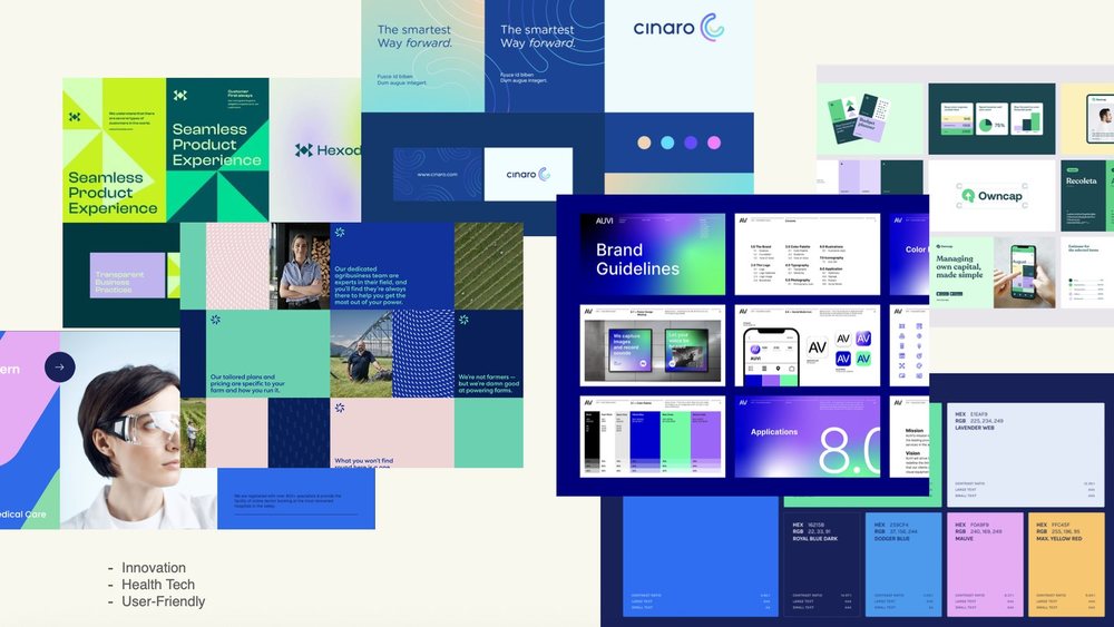 Moodboard collage: health-tech product interfaces, brand guideline spreads, and gradient references in green, blue, and pink; themes of Innovation, Health Tech, and User-Friendly