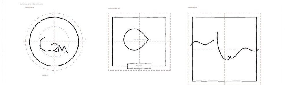 Three mono-outline logo sketches on grid frames: a circular monogram, a droplet form, and gestural strokes