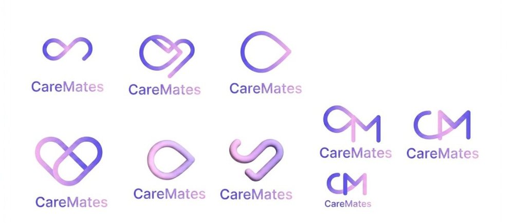 Logo explorations rendered as 3D gradient ribbons: infinity loops, hearts, droplets, and CM monogram lockups