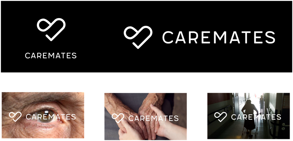 CareMates logo usage: white logo on black banner, and white logo applied over three care photography images