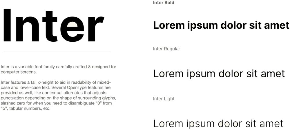 Typeface specimen: Inter in Bold, Regular, and Light weights with description of its screen-first design