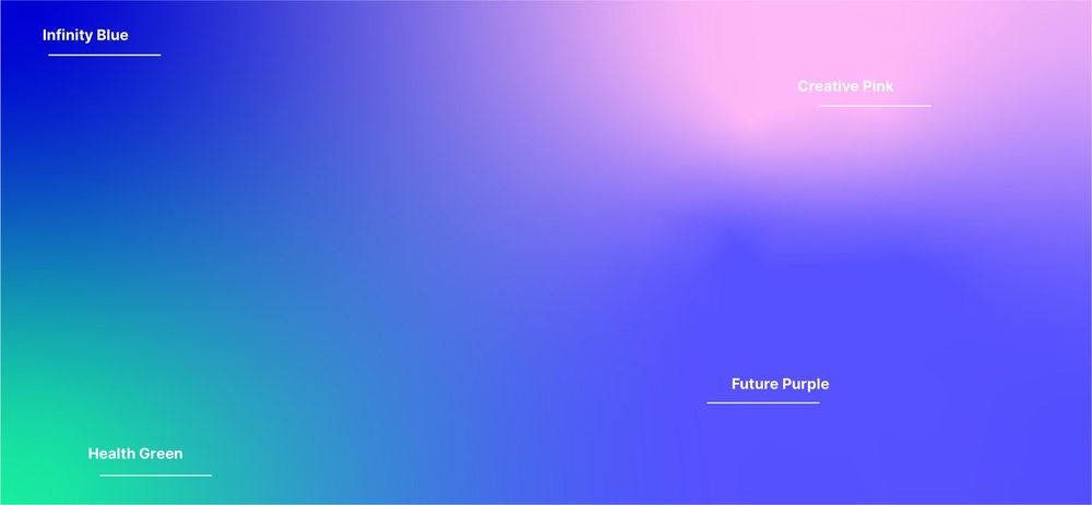 Signature gradient with the four brand colors labeled in place: Infinity Blue, Creative Pink, Health Green, and Future Purple