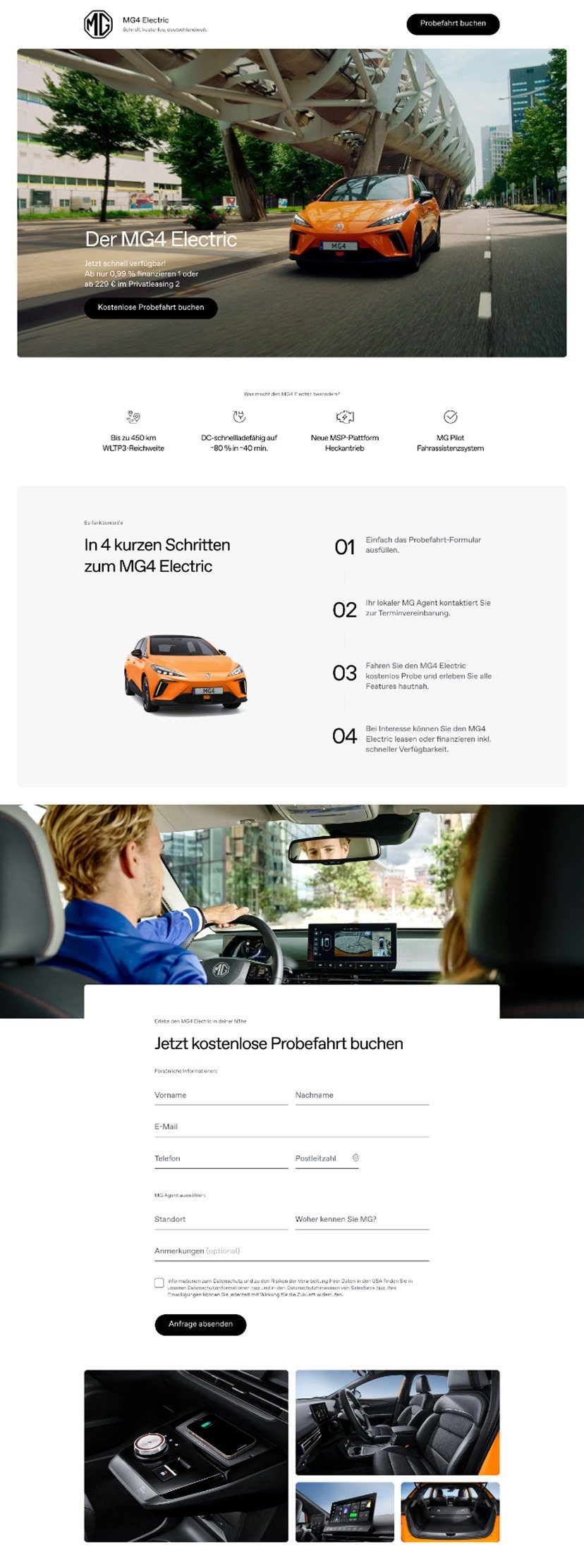 MG4 Electric landing page — hero, features, and booking flow