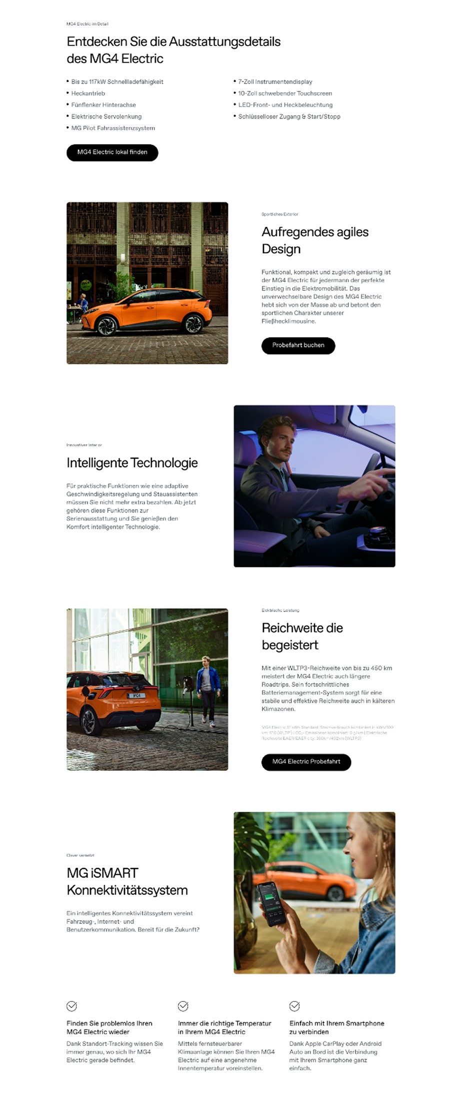 MG4 Electric landing page — equipment details, design, and connectivity sections