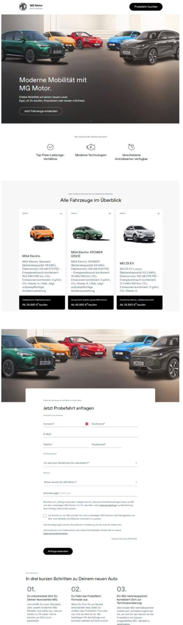 Previous MG Electric landing page — original layout before the redesign