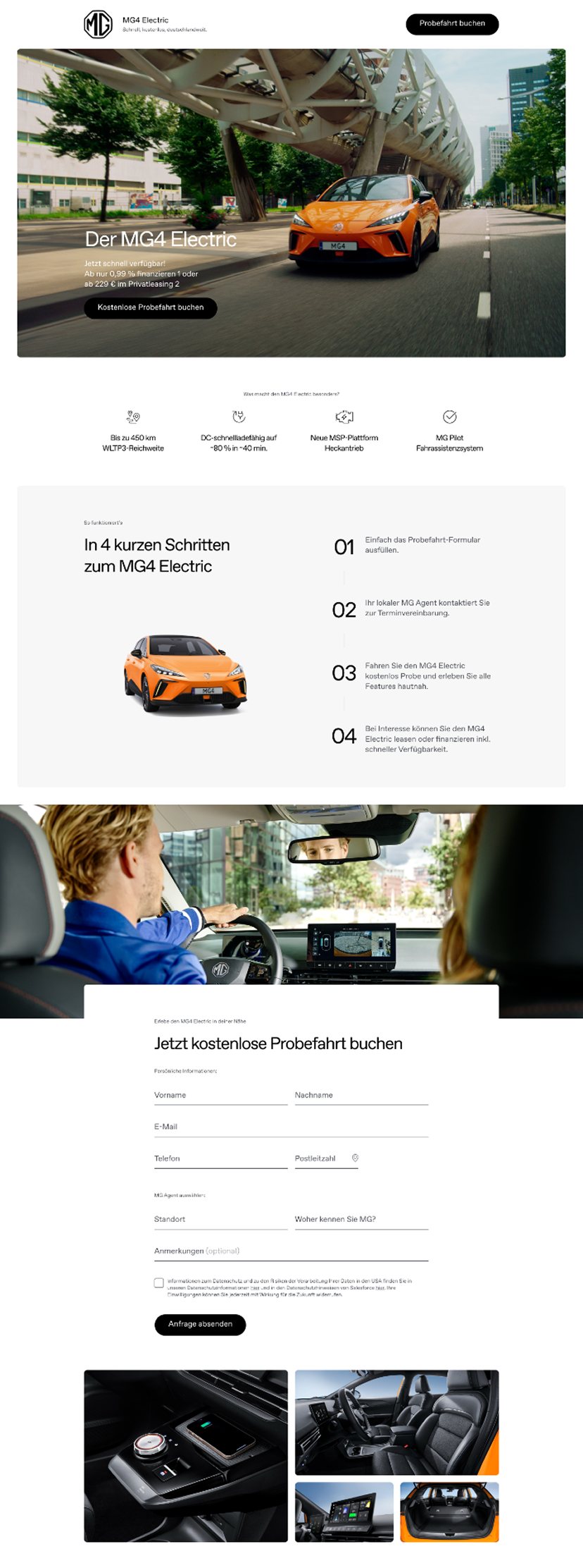 Redesigned MG4 Electric landing page, part 1 — hero, four-step booking flow, and the test-drive form